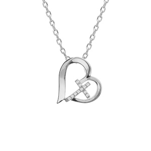 Collier en argent rhodi chane avec pendentif coeur et croix oxydes blancs 42+3cm - Vue 1