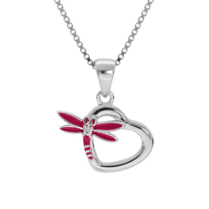 Collier en argent rhodi chane avec pendentif coeur et libellule couleur rose longueur 36+2cm - Vue 1