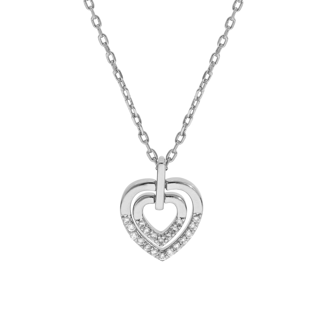 Collier en argent rhodi� cha�ne avec pendentif coeur et oxydes blancs sertis 40+5cm - Vue 1