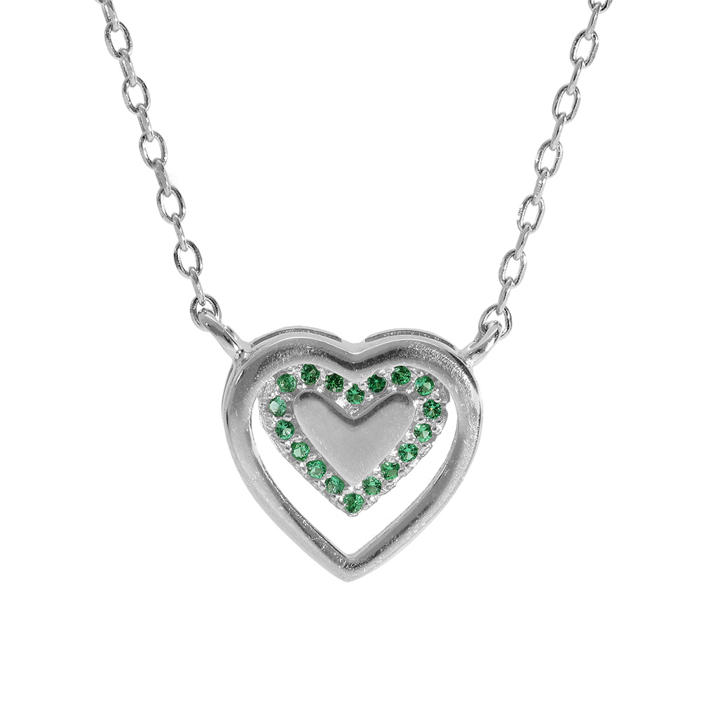 Collier en argent rhodi� cha�ne avec pendentif coeur et oxydes verts longueur 40+4cm - Vue 1