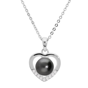 Collier en argent rhodi chane avec pendentif coeur et Perle de culture de Tahiti vritable 7mm et oxydes blancs sertis 42+3cm - Vue 1