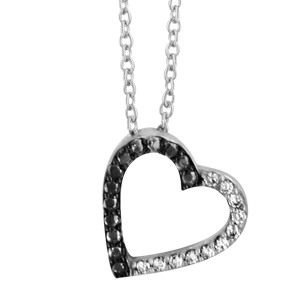 Collier en argent rhodi chane avec pendentif coeur vid avec 1 moiti en oxydes blancs sertis et l\'autre en oxydes noirs - longueur 40cm + 4cm de rallonge - Vue 1