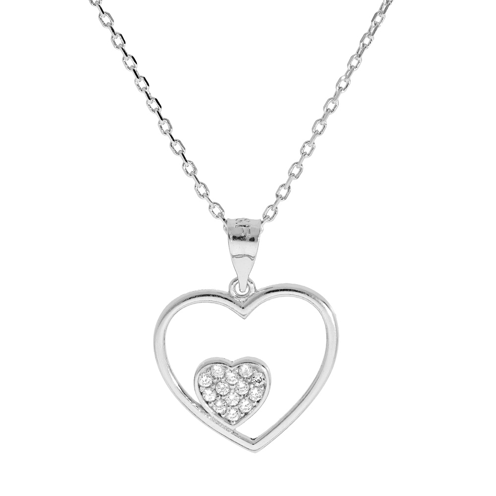 Collier en argent rhodi� cha�ne avec pendentif coeur �vid� avec petit coeur oxydes blancs sertis 40+5cm - Vue 1