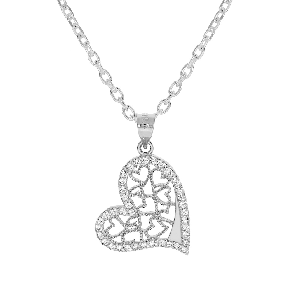 Collier en argent rhodi� cha�ne avec pendentif coeur filigrane contour oxydes blancs sertis 40+5cm - Vue 1