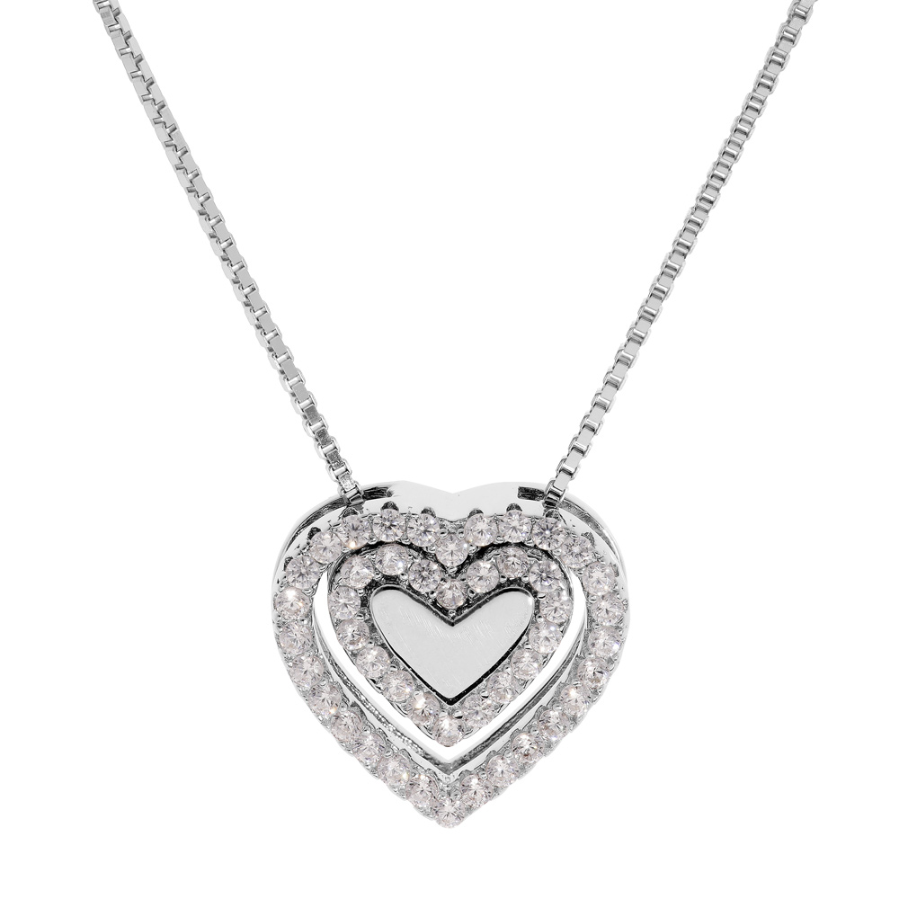 Collier en argent rhodi� cha�ne avec pendentif coeur oxydes blancs 41+3cm - Vue 1