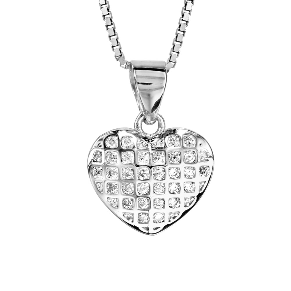 Collier en argent rhodi� cha�ne avec pendentif coeur quadrill� en oxydes blancs sertis - longueur 41cm + 5cm de rallonge - Vue 1