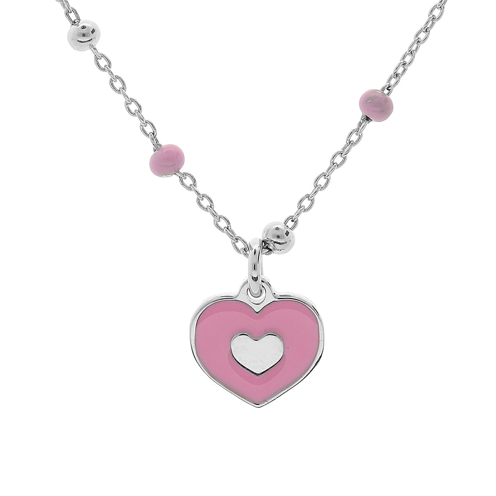 Collier en argent rhodi� cha�ne avec pendentif coeur rose 38+3cm - Vue 1