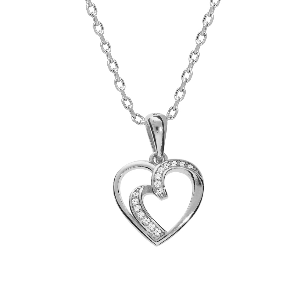 Collier en argent rhodi� cha�ne avec pendentif coeur torsade d\'oxydes blancs 42+3cm - Vue 1