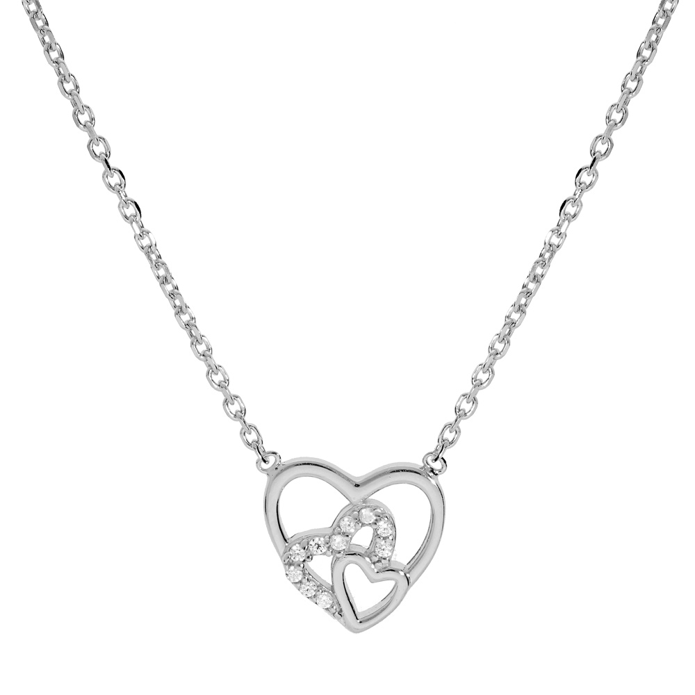 Collier en argent rhodi� cha�ne avec pendentif coeurs et oxydes blancs sertis 38+4cm - Vue 1