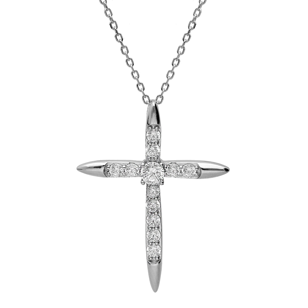 Collier en argent rhodi chane avec pendentif croix avec oxydes blancs sertis 25 x 31mm longueur 38+4cm - Vue 1