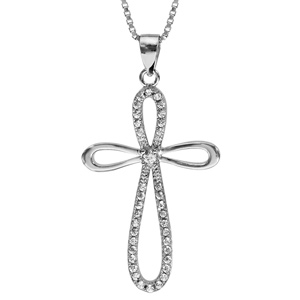 Collier en argent rhodié chaîne avec pendentif croix chrétienne en brins arrondis dont 1 brin orné d\'oxydes blancs sertis - Vue 1