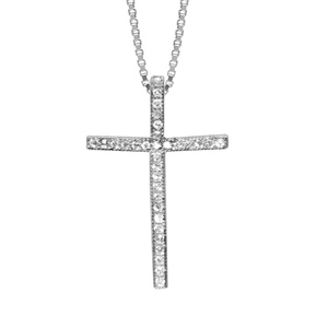 Collier en argent rhodi chane avec pendentif croix chrtienne en rails d\'oxydes blancs sertis - longueur 42cm + 3cm de rallonge - Vue 1