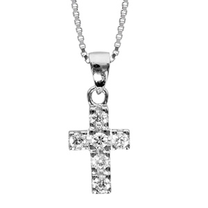 Collier en argent rhodi chane avec pendentif croix chrtienne orne d\'oxydes blancs sertis - longueur 42cm + 3cm de rallonge - Vue 1