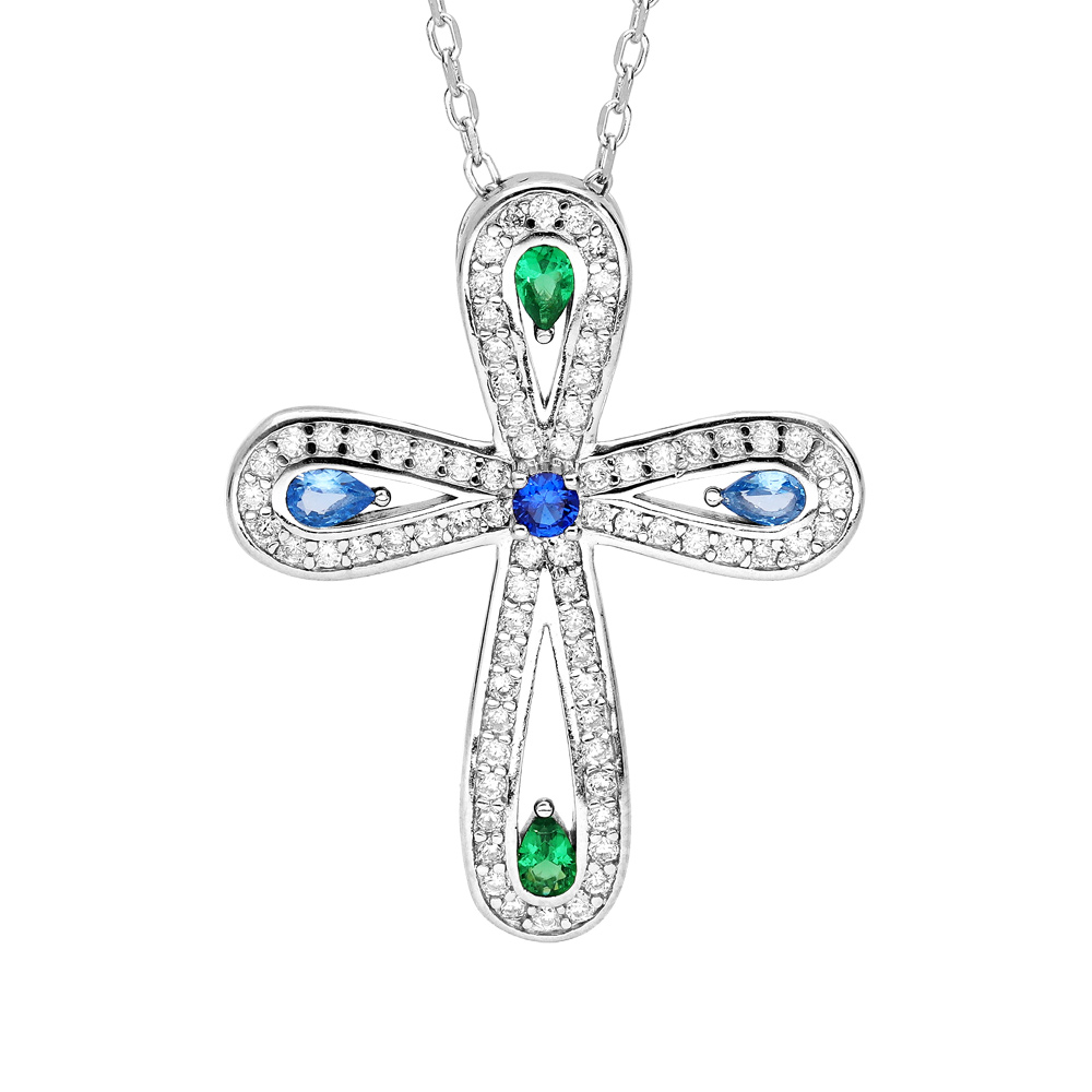 Collier en argent rhodi� cha�ne avec pendentif croix empierr�e 40+5cm - Vue 1