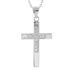 Collier en argent rhodi chane avec pendentif croix et oxydes blancs 40+2+2cm - Vue 1