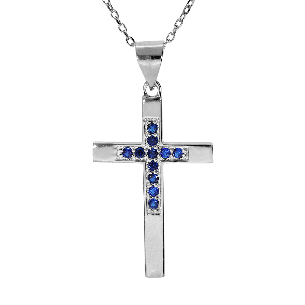 Collier en argent rhodi� cha�ne avec pendentif croix et oxydes bleu longueur 40+4cm - Vue 1