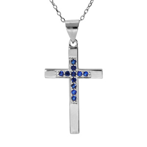 Collier en argent rhodi chane avec pendentif croix et oxydes bleu longueur 40+4cm - Vue 1
