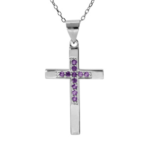 Collier en argent rhodi chane avec pendentif croix et oxydes violet longueur 40+4cm - Vue 1