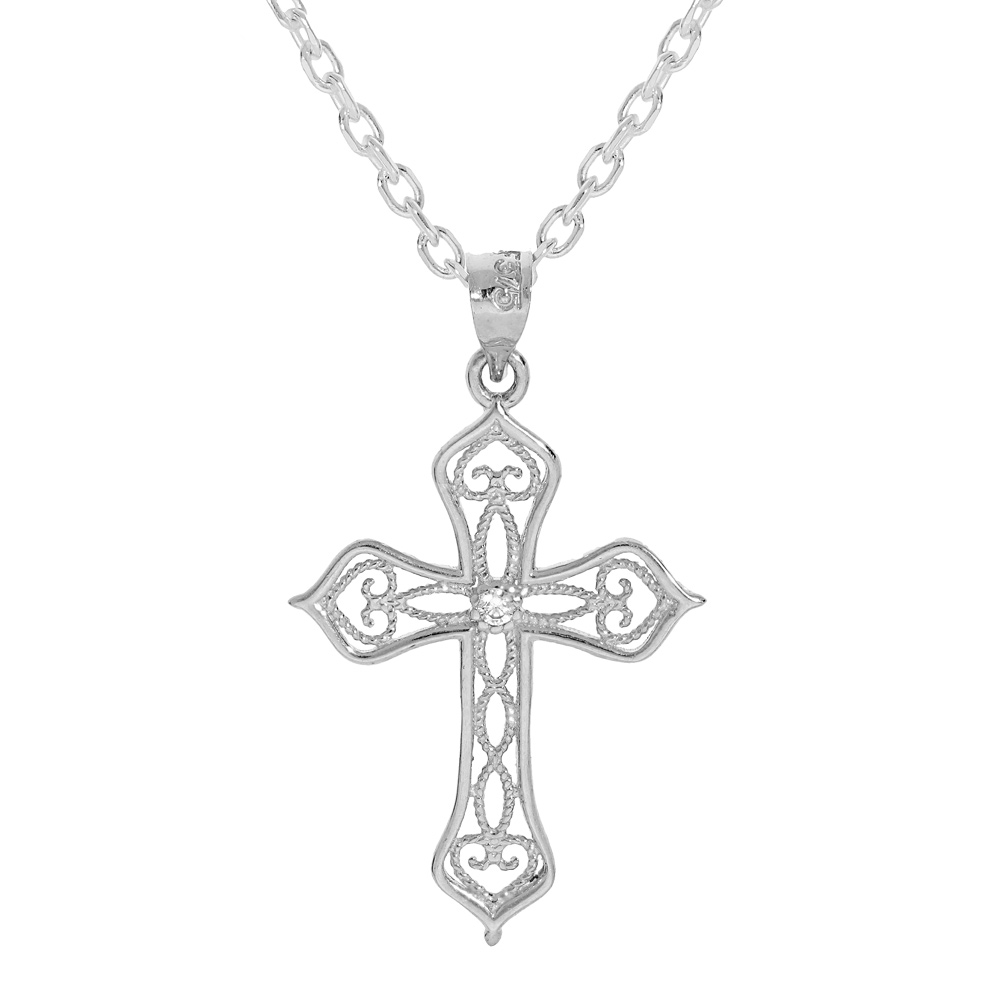 Collier en argent rhodi� cha�ne avec pendentif croix filigrane et oxyde blanc 40+5cm - Vue 1