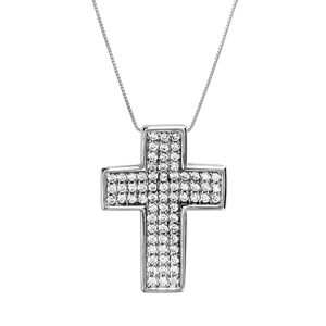Collier en argent rhodié chaîne avec pendentif croix large ornée de pierres blanches 45cm - Vue 1