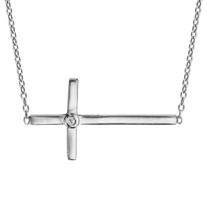 Collier en argent rhodi chane avec pendentif croix lisse couche et 1 oxyde blanc serti  l\'intersection - longueur 39,5cm + 3cm de rallonge - Vue 1