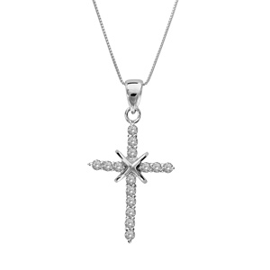 Collier en argent rhodi chane avec pendentif croix orne d\'oxydes blancs et avec petit X lisse au milieu - longueur 45cm - Vue 1