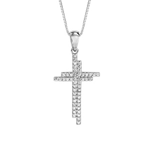 Collier en argent rhodi chane avec pendentif croix oxydes blancs sertis 42cm + 3cm - Vue 1