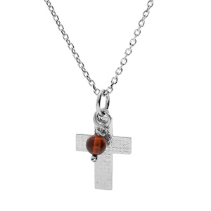 Collier en argent rhodi chane avec pendentif croix quadrillage et boule Ambre vritable 42+3cm - Vue 1