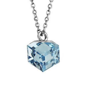 Collier en argent rhodié chaîne avec pendentif cube cristal bleu ciel 42cm + 3cm - Vue 1