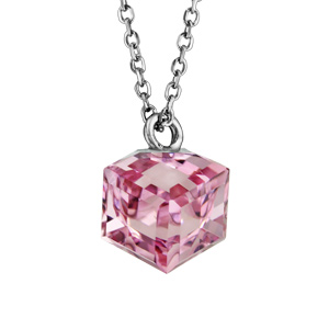 Collier en argent rhodi chane avec pendentif cube cristal rose 42cm + 3cm - Vue 1