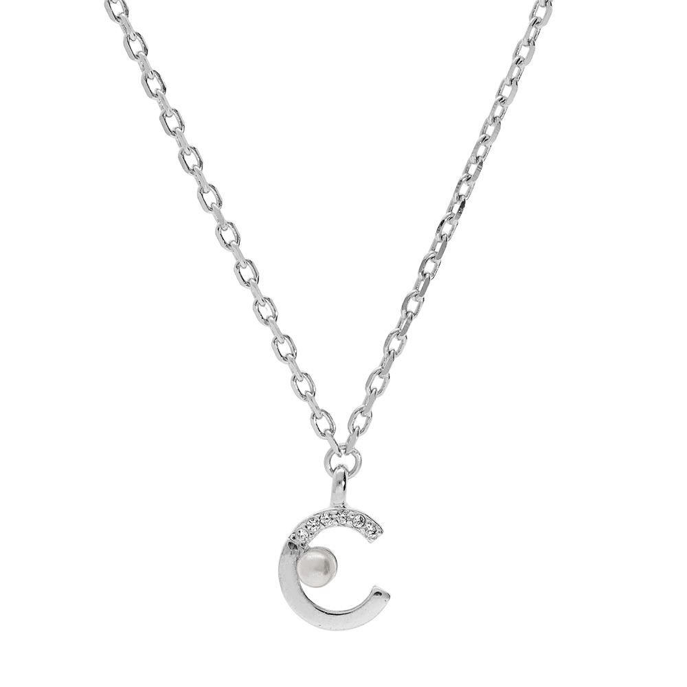 Collier en argent rhodi� cha�ne avec pendentif demi cercle perle de synth�se blanche et oxydes blancs sertis 42+3cm - Vue 1