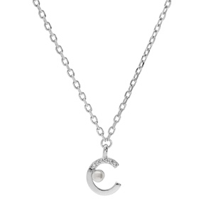 Collier en argent rhodi chane avec pendentif demi cercle perle de synthse blanche et oxydes blancs sertis 42+3cm - Vue 1