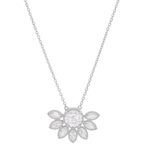 Collier en argent rhodi chane avec pendentif demi fleur pave d\'oxydes blancs sertis 42+3cm - Vue 1