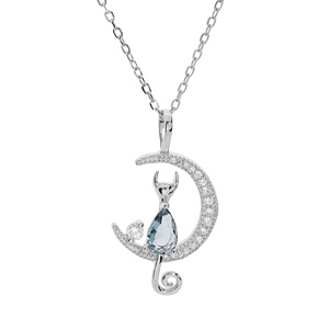 Collier en argent rhodi chane avec pendentif demi lune et chat en oxyde bleu 40+5cm - Vue 1