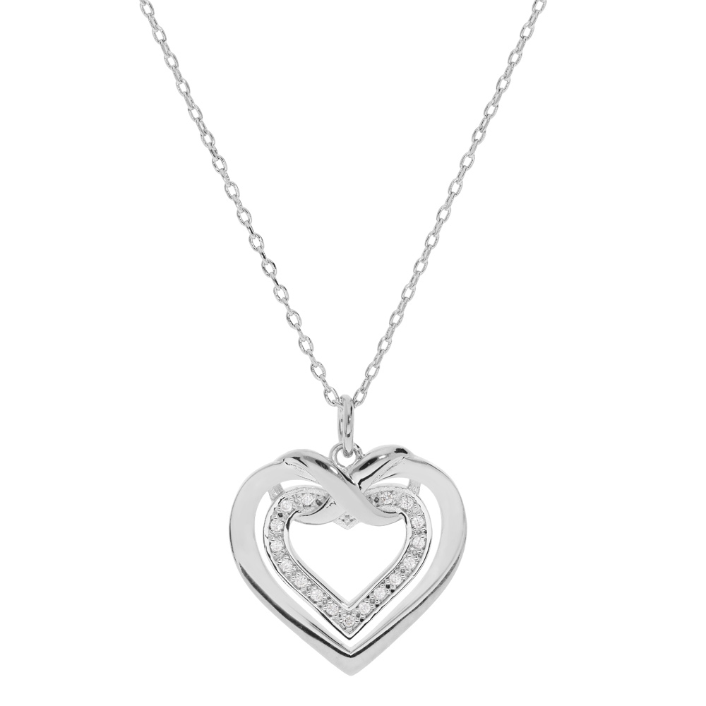 Collier en argent rhodi� cha�ne avec pendentif double coeur avec noeud et oxydes blancs sertis 42+3cm - Vue 1
