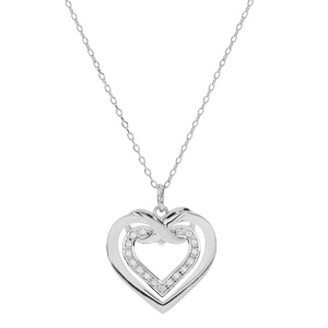 Collier en argent rhodi chane avec pendentif double coeur avec noeud et oxydes blancs sertis 42+3cm - Vue 1