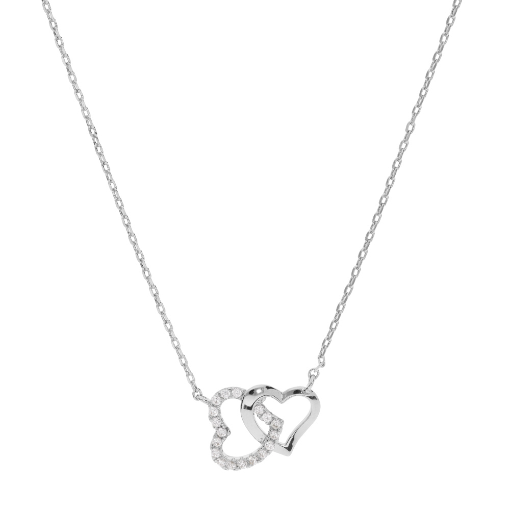 Collier en argent rhodi� cha�ne avec pendentif double coeur entrelac� et oxydes blancs sertis 42+3cm - Vue 1