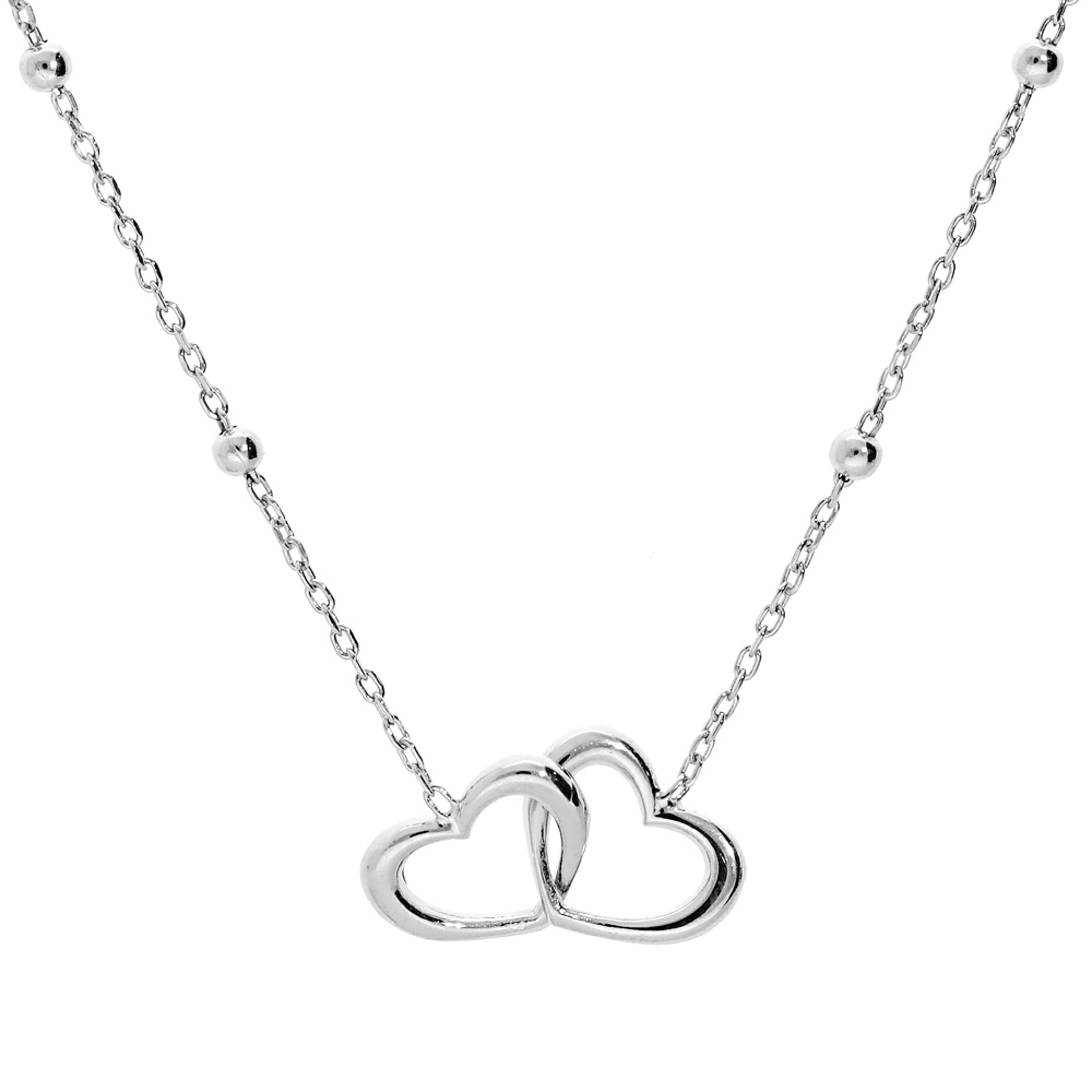 Collier en argent rhodi� cha�ne avec pendentif double coeur entrem�l� 40+5cm - Vue 1