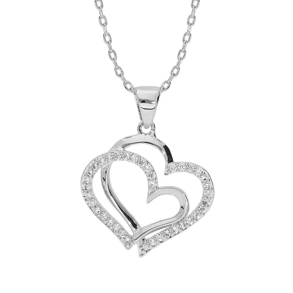 Collier en argent rhodi� cha�ne avec pendentif double coeur et oxydes blancs sertis 40+5cm - Vue 1