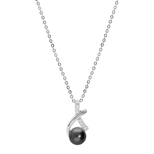 Collier en argent rhodi chane avec pendentif drap Perle de Tahiti 7mm et oxydes blancs sertis 42+3cm - Vue 1