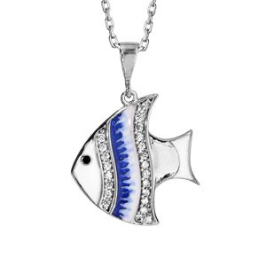 Collier en argent rhodi chane avec pendentif en forme de poisson haut bleu et oxydes blancs sertis longueur 40+5cm - Vue 1