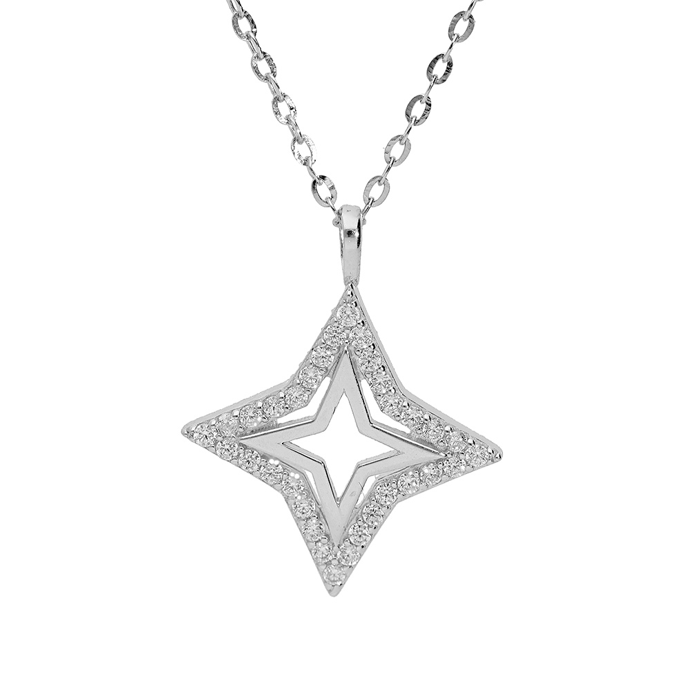 Collier en argent rhodi� cha�ne avec pendentif �toile ajour�e contour oxydes blancs sertis 40+2+2cm - Vue 1