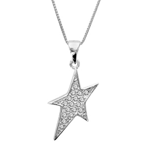 Collier en argent rhodi chane avec pendentif toile asymtrique pave d\'oxydes blancs - longueur 42cm + 3cm de rallonge - Vue 1