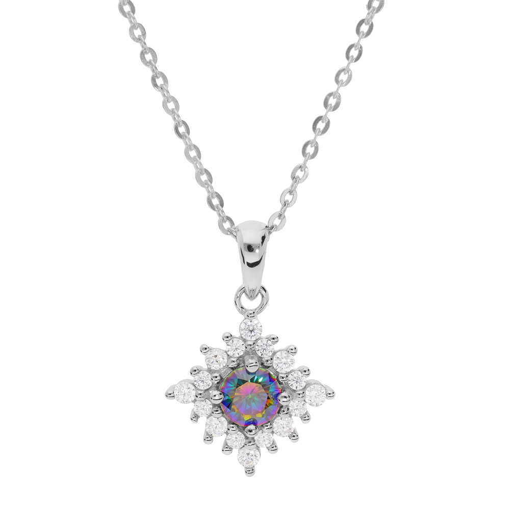 Collier en argent rhodi� cha�ne avec pendentif �toile avec oxyde arc en ciel mystique et oxydes blancs sertis 42+3cm - Vue 1