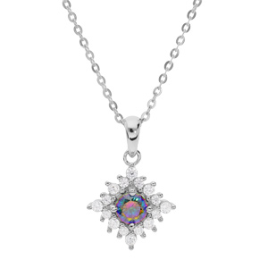 Collier en argent rhodi chane avec pendentif toile avec oxyde arc en ciel mystique et oxydes blancs sertis 42+3cm - Vue 1