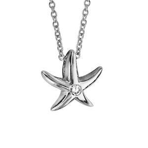Collier en argent rhodié chaîne avec pendentif étoile de mer avec 1 oxyde blanc au centre - longueur 40cm + 4cm de rallonge - Vue 1