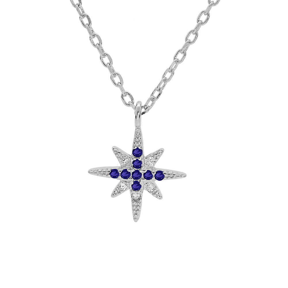 Collier en argent rhodi� cha�ne avec pendentif �toile orn�e d\'oxydes bleus et blancs sertis 40+4cm - Vue 1