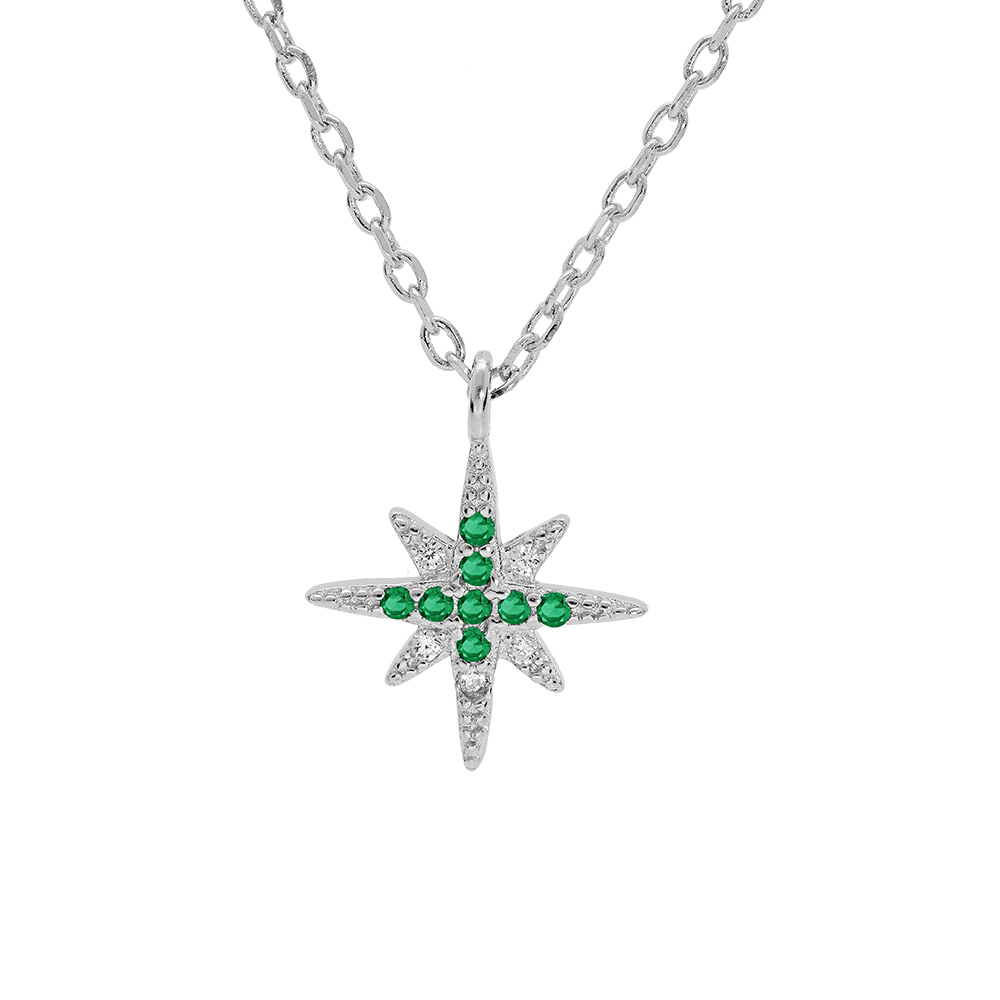 Collier en argent rhodi� cha�ne avec pendentif �toile orn�e d\'oxydes verts et blancs sertis 40+4cm - Vue 1