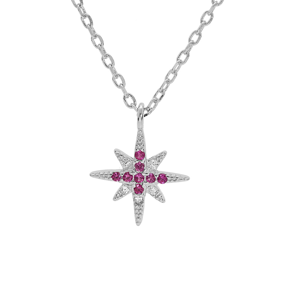 Collier en argent rhodi� cha�ne avec pendentif �toilorn�e d\'oxydes fuschia et blancs sertis 40+4cm - Vue 1