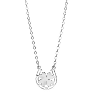 Collier en argent rhodié chaîne avec pendentif fer à cheval avec 1 trèfle à 4 feuilles au centre - longueur 42cm + 3cm de rallonge - Vue 1